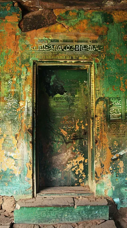 Underground city, Behind the stone door, looking down from the hill, are the remains of an ancient and magnificent city, with mysterious runes carved all over the walls,CG original painting, fantasy mythology references, surreal murals, dark gold and aquamarine, poster concept art - style3部分