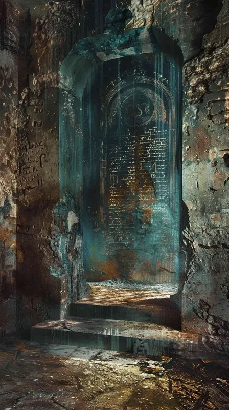 Underground city, Behind the stone door, looking down from the hill, are the remains of an ancient and magnificent city, with mysterious runes carved all over the walls,CG original painting, fantasy mythology references, surreal murals, dark gold and aquamarine, poster concept art - style4部分