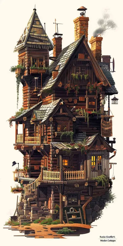 俄罗斯爷爷小木屋插画 - style4部分