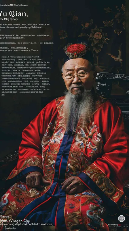 我们在为100位历史名人做定妆照,首先为大明王朝的名臣于谦设计一副定妆照,以纪念他在土木堡之变后,力排众议,坚守京城,粉骨碎身浑不怕的精神,于谦人物形象照,大师画作,最高质量,超多细节,水墨画风格,汉服,中式,男,全身,老年,胡须,苍老,儒雅,官服,清白,照片真实,大光圈,浅景深,自然光线,戏剧性视角,Eos 35mm - AI绘画作品展示 | Midjourney中文版生成