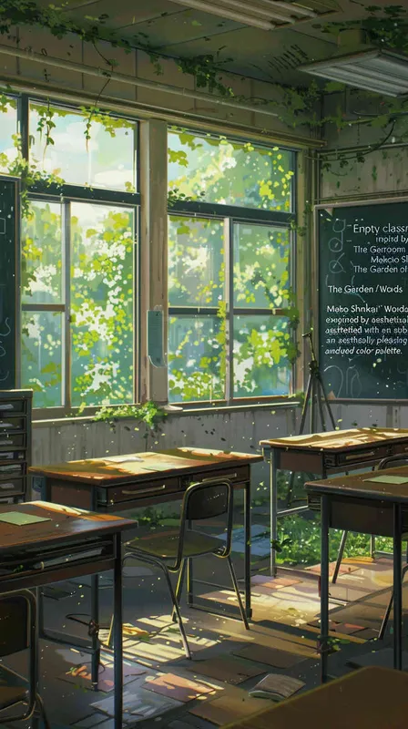 empty classroom, style of Makoto Shinkai The Garden of Words, aesthetically pleasing, muted color scheme  - style1部分