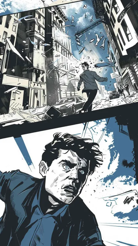 story board, Comics,continuous screen,a man fighting with a extraterrestrial being,in the city - style1部分