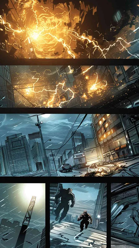 story board, Comics,continuous screen,a man fighting with a extraterrestrial being,in the city - style2部分