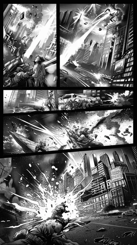 story board, Comics,continuous screen,a man fighting with a extraterrestrial being,in the city - style3部分