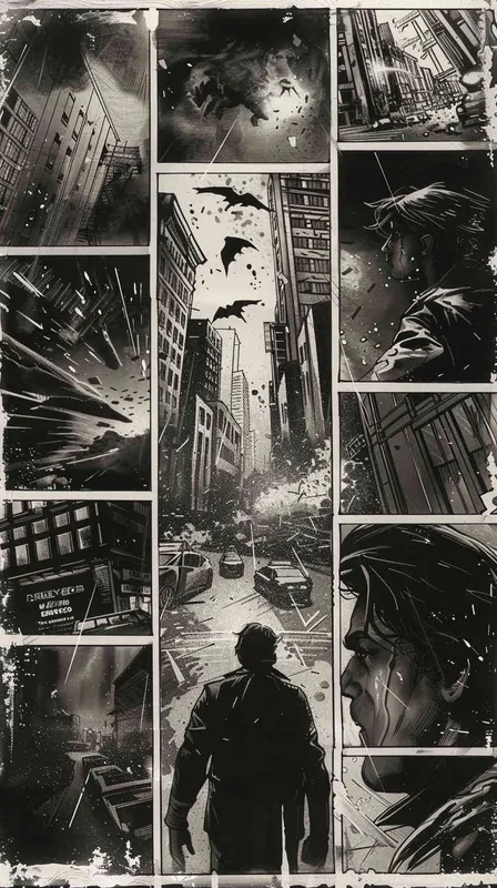 story board, Comics,continuous screen,a man fighting with a extraterrestrial being,in the city - style4部分