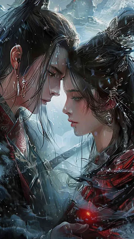 厚涂国漫，新工笔，动画截图，电影特写，半身，赵无极,一男一女，武侠对决，战国小人书，中心发光，炫彩光影，暗黑魔幻 – AI绘画作品展示 | Midjourney中文版生成