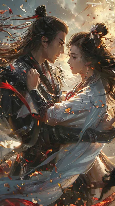 厚涂国漫，新工笔，动画截图，电影特写，半身，赵无极,一男一女，武侠对决，战国小人书，中心发光，炫彩光影，暗黑魔幻 - style2部分