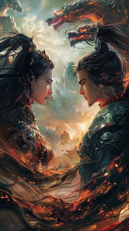 厚涂国漫，新工笔，动画截图，电影特写，半身，赵无极,一男一女，武侠对决，战国小人书，中心发光，炫彩光影，暗黑魔幻 - style3部分