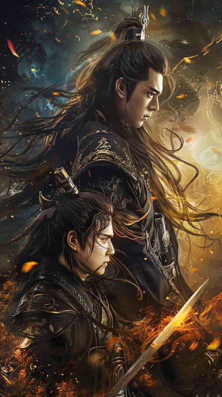 厚涂国漫，新工笔，动画截图，电影特写，半身，赵无极,一男一女，武侠对决，战国小人书，中心发光，炫彩光影，暗黑魔幻 - style4部分