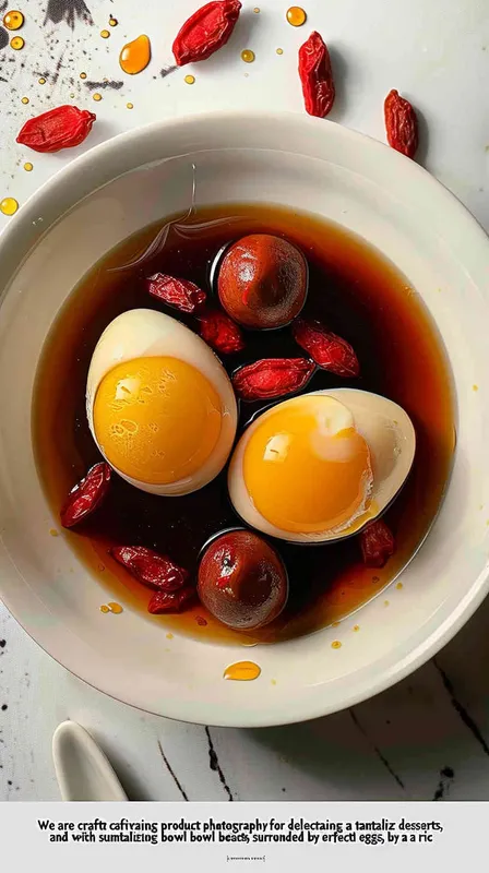 We are creating product photography for desserts, including a bowl of fried eggs, goji berries, and red dates desserts. There are 2 fried eggs in this bowl of desserts. The soup color of the desserts is red black, and the bowl is white. Catering photography, food photography, ultra realism, and ultra high definition are also included - style1部分