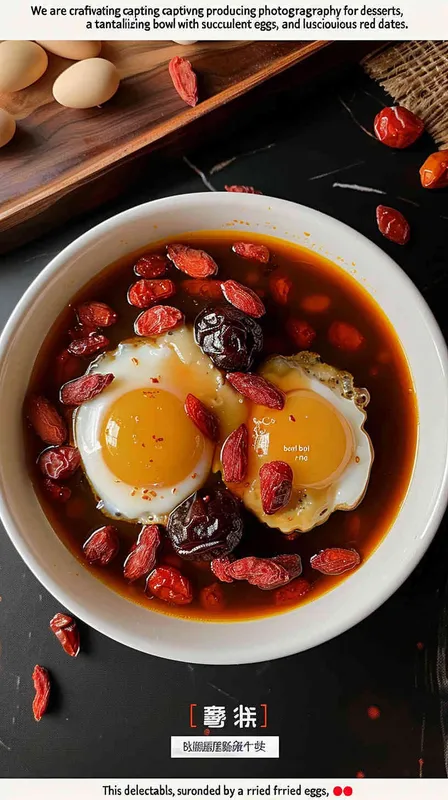 We are creating product photography for desserts, including a bowl of fried eggs, goji berries, and red dates desserts. There are 2 fried eggs in this bowl of desserts. The soup color of the desserts is red black, and the bowl is white. Catering photography, food photography, ultra realism, and ultra high definition are also included - style2部分