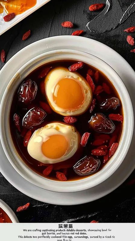 We are creating product photography for desserts, including a bowl of fried eggs, goji berries, and red dates desserts. There are 2 fried eggs in this bowl of desserts. The soup color of the desserts is red black, and the bowl is white. Catering photography, food photography, ultra realism, and ultra high definition are also included - style3部分