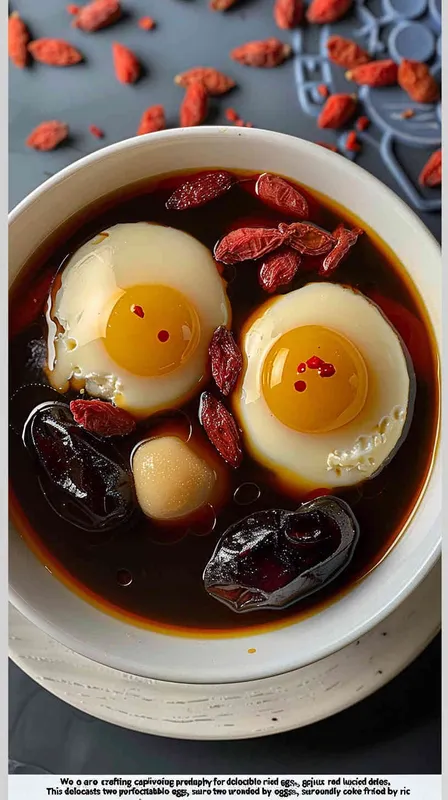 We are creating product photography for desserts, including a bowl of fried eggs, goji berries, and red dates desserts. There are 2 fried eggs in this bowl of desserts. The soup color of the desserts is red black, and the bowl is white. Catering photography, food photography, ultra realism, and ultra high definition are also included - style4部分