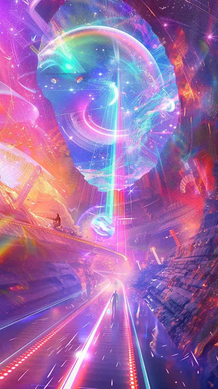 封面的背景是一个巨大的虚拟现实空间，充满了绚丽多彩的光线和流动的图案。这个空间中，人们可以自由地探索和互动，享受无限创造的乐趣。

沿着空间的中央，有一条光线路径，它像一条彩虹般绚丽，引导着人们穿越不同的媒体形式。路径上的第一个媒体形式是一幅惊艳的数字艺术画作，画面中的形状和颜色连成一体，呈现出美妙的视觉效果。

接着是一个动态的视频屏幕，显示着精彩纷呈的电影片段和独特的视觉效果，吸引着观众的目光。屏幕上的画面不仅展示了电影的剧情，还交织着虚拟现实元素，让观众身临其境。

路径的下一个媒体形式是一个音乐播放器，它散发出美妙的音乐声音，让人们陶醉其中。音乐的旋律与光线的闪烁融为一体，创造出一种奇妙的跨感官体验。

在路径的末端，是一台互动式的游戏设备，人们可以通过身体动作和手势来控制游戏的进行。这个设备中的虚拟世界充满了挑战和刺激，让人们沉浸其中，体验无限的可能性。 - style3部分