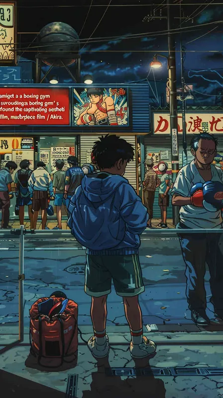 outside of a boxing gym at night, style of Katsuhiro Otomo Akira film, aesthetically pleasing - style2部分