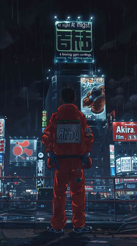 outside of a boxing gym at night, style of Katsuhiro Otomo Akira film, aesthetically pleasing - style3部分
