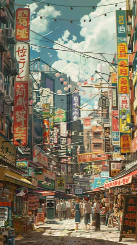 anime background, busy downtown street, style of tekkonkinkreet – AI绘画作品展示 | Midjourney中文版生成