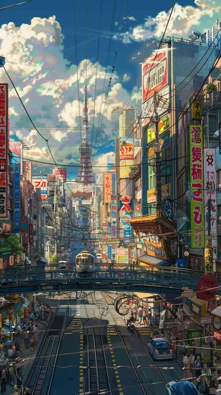 anime background, busy downtown street, style of tekkonkinkreet - style2部分