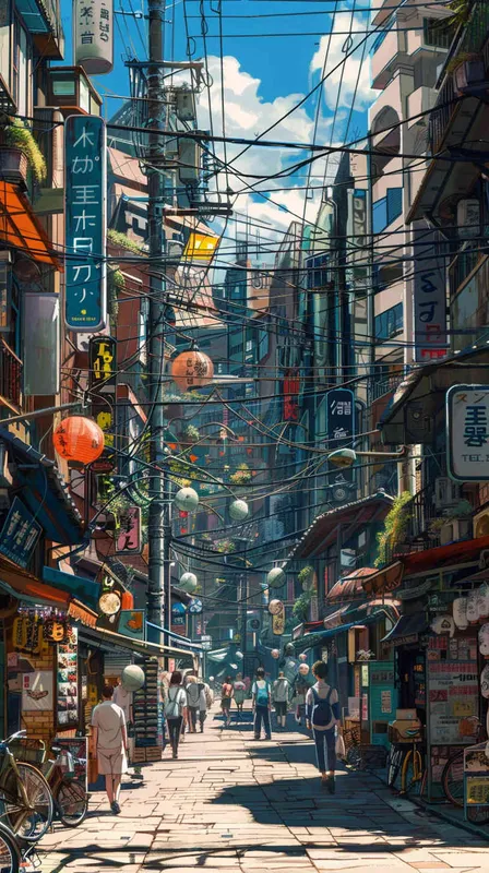 anime background, busy downtown street, style of tekkonkinkreet - style3部分