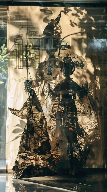 of shadow puppets in the style of traditional China,the picture shows the background is layered,excellent light and shadow effects,fine details,traditional Chinese colors - style1部分