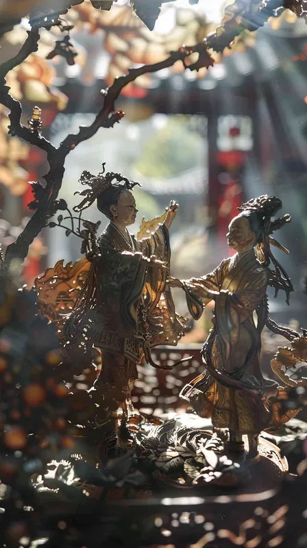 of shadow puppets in the style of traditional China,the picture shows the background is layered,excellent light and shadow effects,fine details,traditional Chinese colors - style2部分