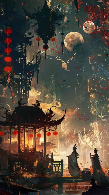 of shadow puppets in the style of traditional China,the picture shows the background is layered,excellent light and shadow effects,fine details,traditional Chinese colors - style4部分