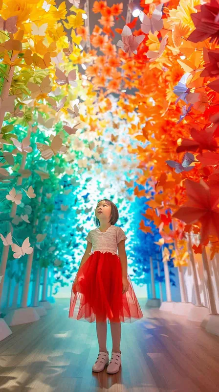 Colorful paper sculpture, art gallery,interior, ethereal trees, sou fujimoto, young gilr wearing red skirt, highquality - style1部分