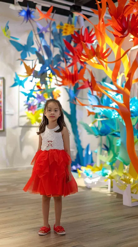 Colorful paper sculpture, art gallery,interior, ethereal trees, sou fujimoto, young gilr wearing red skirt, highquality - style2部分