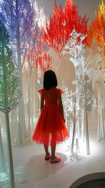 Colorful paper sculpture, art gallery,interior, ethereal trees, sou fujimoto, young gilr wearing red skirt, highquality - style3部分