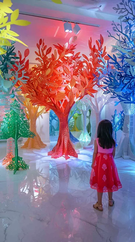 Colorful paper sculpture, art gallery,interior, ethereal trees, sou fujimoto, young gilr wearing red skirt, highquality - style4部分