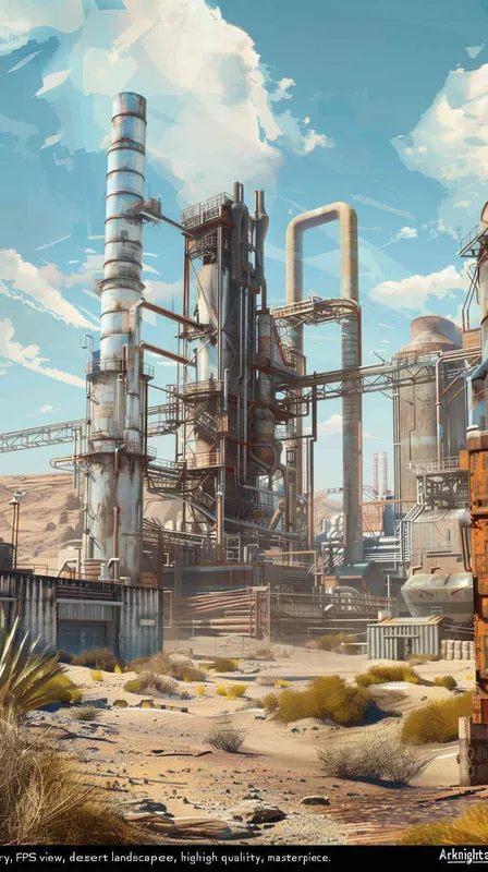 factory，FPS view,desert landscape,arknightextreme high quality,masterpiece - style1部分