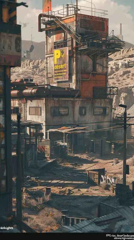 factory，FPS view,desert landscape,arknightextreme high quality,masterpiece - style4部分