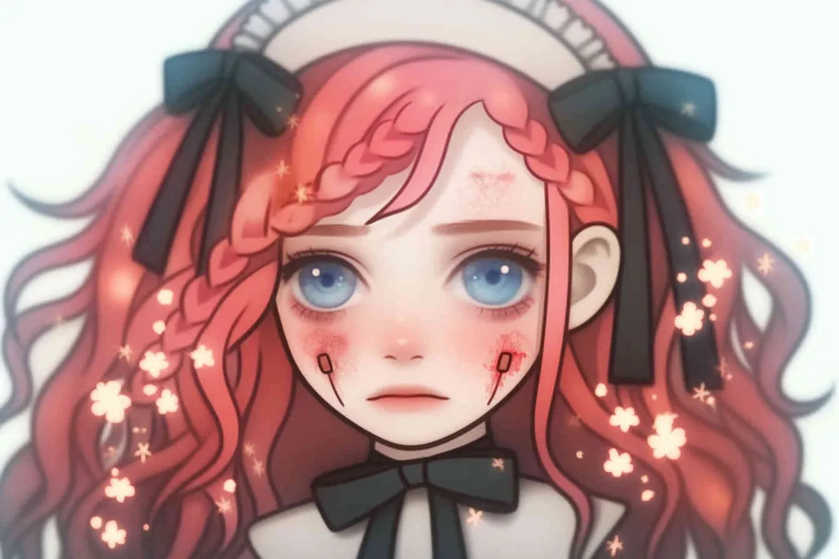 Red hair, girl, loli, cute girl, blue eyes, blue pupils, black ribbons, double ponytails, curly hair - style1部分