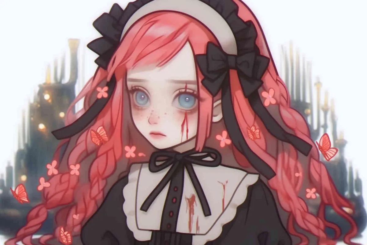 Red hair, girl, loli, cute girl, blue eyes, blue pupils, black ribbons, double ponytails, curly hair - style2部分