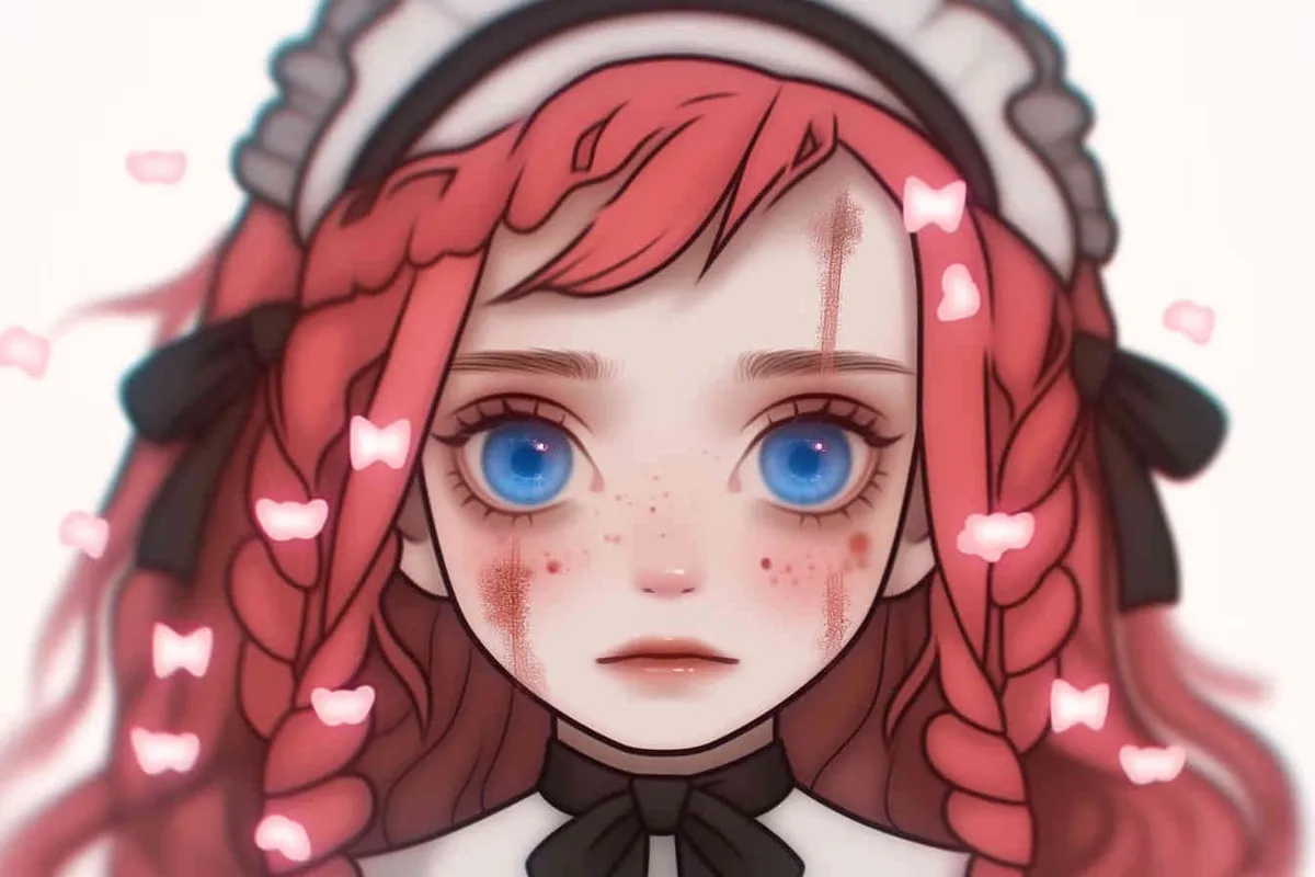 Red hair, girl, loli, cute girl, blue eyes, blue pupils, black ribbons, double ponytails, curly hair - style3部分
