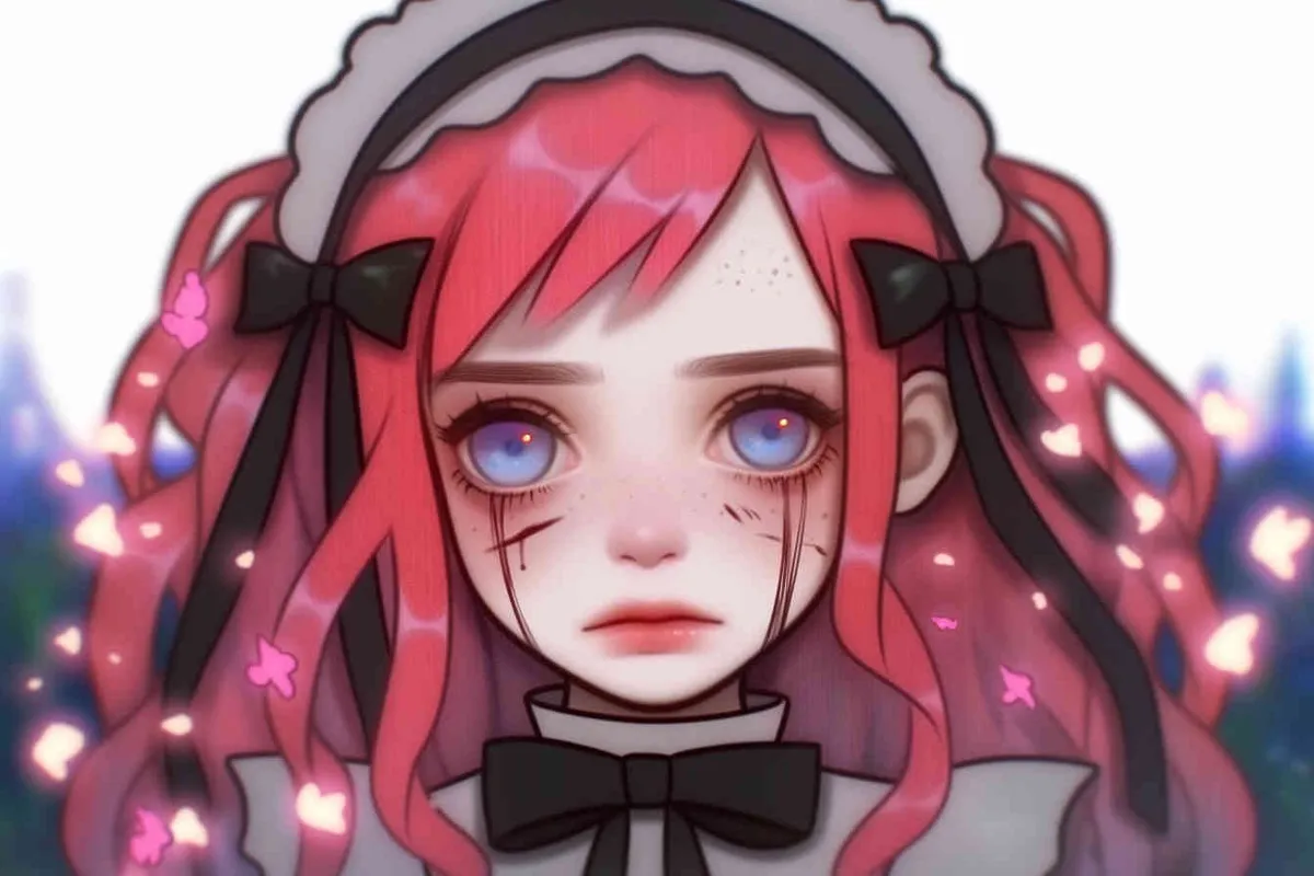 Red hair, girl, loli, cute girl, blue eyes, blue pupils, black ribbons, double ponytails, curly hair - style4部分