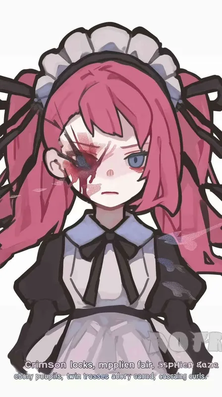 Red hair, girl, blue eyes, blue pupils, black ribbons, double ponytails, curly hair - style1部分