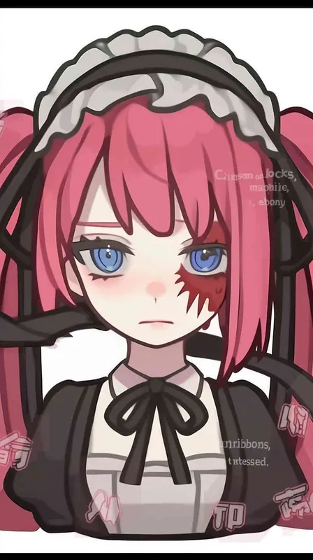Red hair, girl, blue eyes, blue pupils, black ribbons, double ponytails, curly hair - style2部分