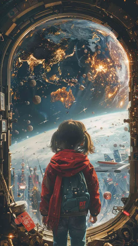 海报的上半部分 是宇宙中中国的太空站，透过窗户可以看见中国宇航员在打招呼，海报下面是一个红领巾小孩非常行为的看着宇宙中的这一场景 – AI绘画作品展示 | Midjourney中文版生成