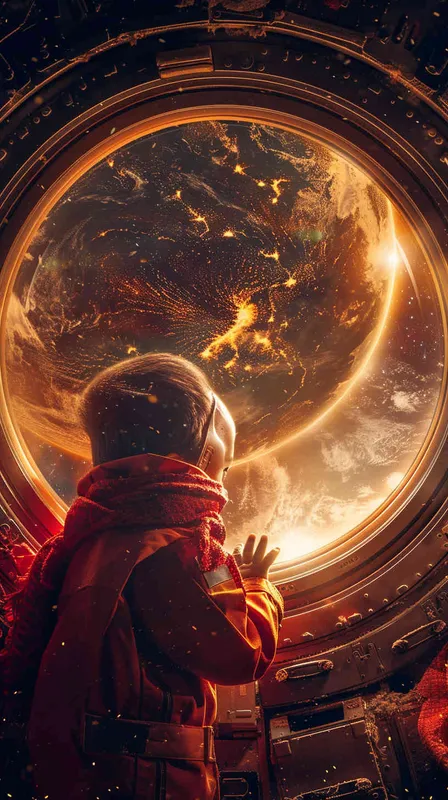 海报的上半部分 是宇宙中中国的太空站，透过窗户可以看见中国宇航员在打招呼，海报下面是一个红领巾小孩非常行为的看着宇宙中的这一场景 - style2部分