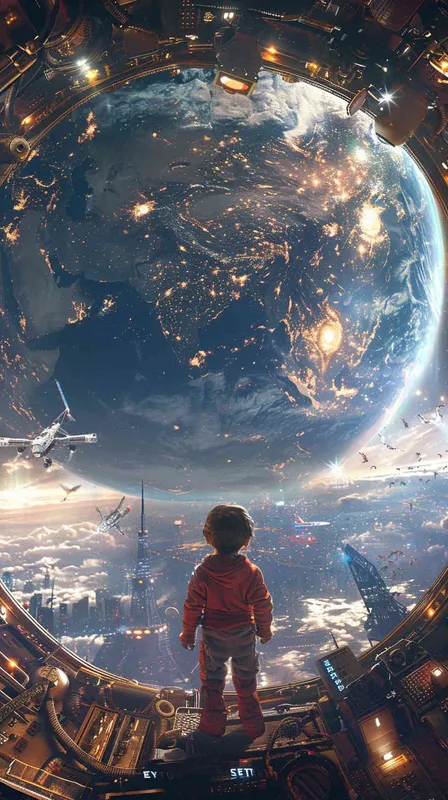 海报的上半部分 是宇宙中中国的太空站，透过窗户可以看见中国宇航员在打招呼，海报下面是一个红领巾小孩非常行为的看着宇宙中的这一场景 - style3部分