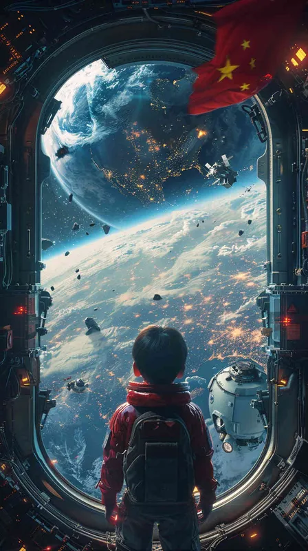 海报的上半部分 是宇宙中中国的太空站，透过窗户可以看见中国宇航员在打招呼，海报下面是一个红领巾小孩非常行为的看着宇宙中的这一场景 - style4部分