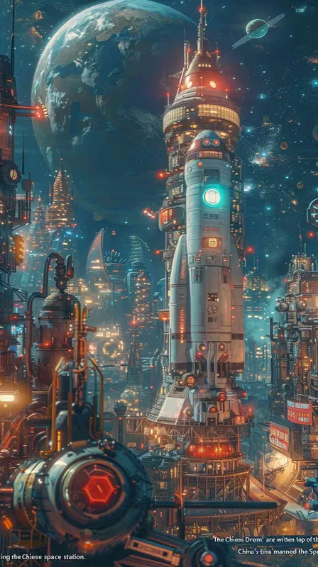 图片中上方写上  中国梦，航天梦   画入中国的载人航天工程 和中国太空站 - style2部分