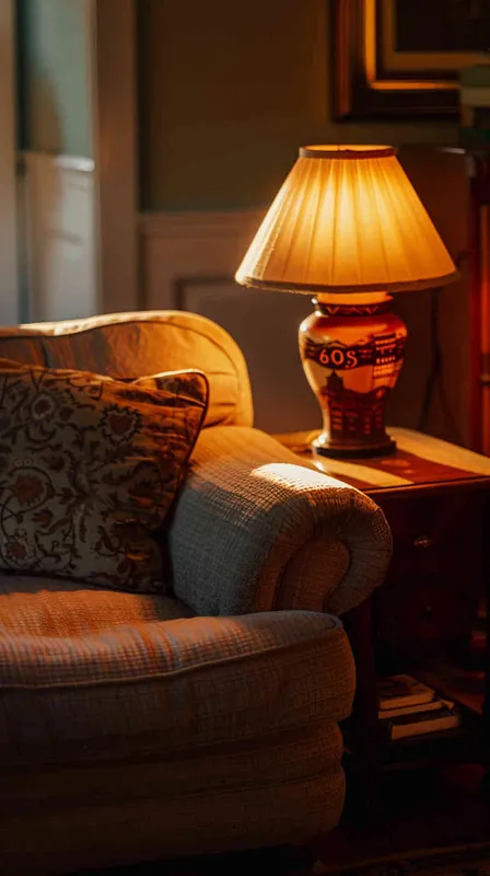 Warm lighting. The room is decorated in American style, with an elegant sofa and vintage desk lamp. High resolution, professional photograph, HDR, high detail, shot by Sony A7S III camera using Kodak Portra film, no other objects around it, 