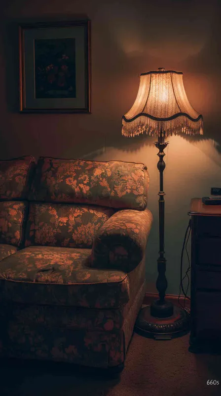 Warm lighting. The room is decorated in American style, with an elegant sofa and vintage desk lamp. High resolution, professional photograph, HDR, high detail, shot by Sony A7S III camera using Kodak Portra film, no other objects around it, 