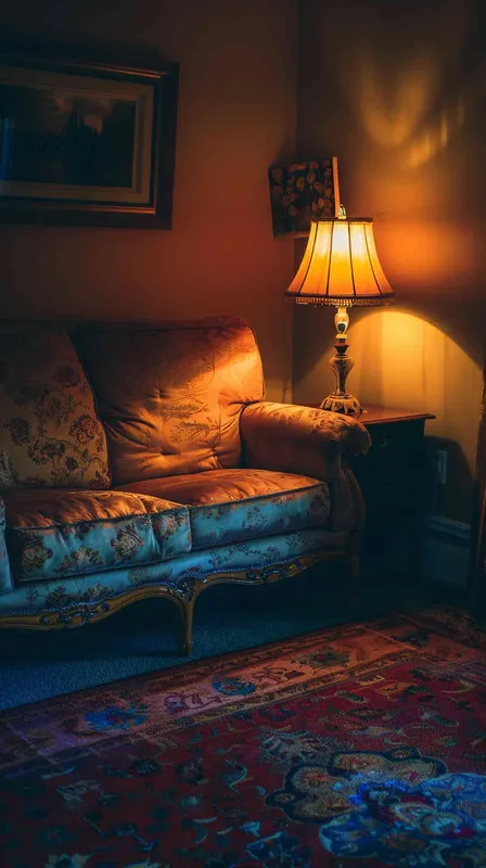 Warm lighting. The room is decorated in American style, with an elegant sofa and vintage desk lamp. High resolution, professional photograph, HDR, high detail, shot by Sony A7S III camera using Kodak Portra film, no other objects around it, 