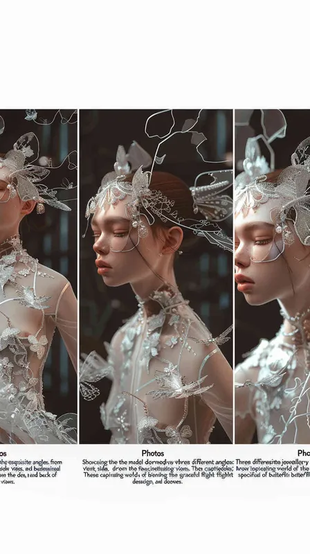 photos,The model carries jewellery, three views, front view, side view, back view，Inspired by bionic design,Bionic design inspiration from butterflies,Emotional,virtual fashion ,Performance venue,Scenery close by,3D - AI绘画作品展示 | Midjourney中文版生成