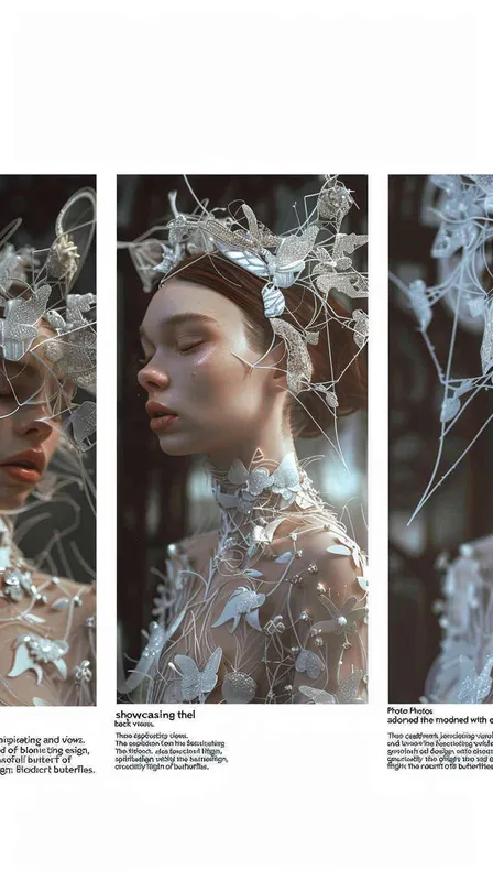 photos,The model carries jewellery, three views, front view, side view, back view，Inspired by bionic design,Bionic design inspiration from butterflies,Emotional,virtual fashion ,Performance venue,Scenery close by,3D - AI绘画作品展示 | Midjourney中文版生成