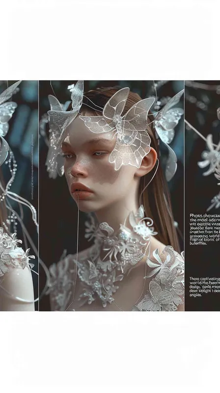 photos,The model carries jewellery, three views, front view, side view, back view，Inspired by bionic design,Bionic design inspiration from butterflies,Emotional,virtual fashion ,Performance venue,Scenery close by,3D - AI绘画作品展示 | Midjourney中文版生成