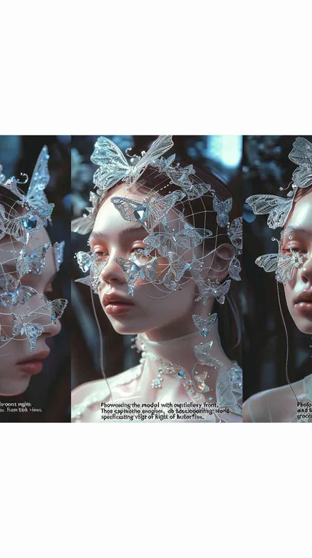 photos,The model carries jewellery, three views, front view, side view, back view，Inspired by bionic design,Bionic design inspiration from butterflies,Emotional,virtual fashion ,Performance venue,Scenery close by,3D - AI绘画作品展示 | Midjourney中文版生成